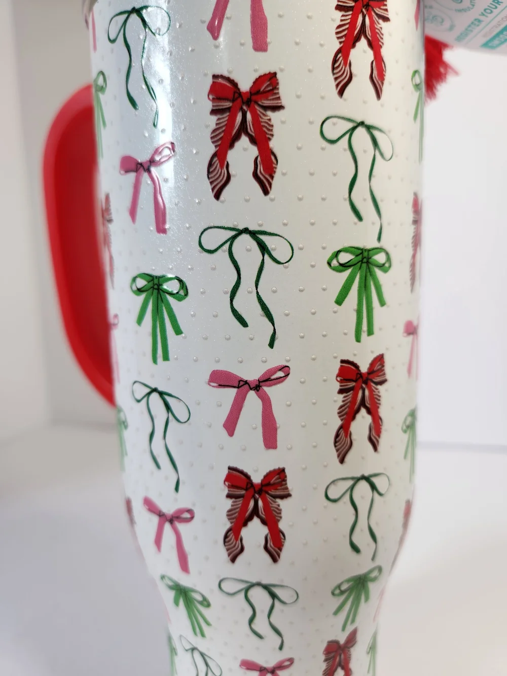 Insulated Holiday Bow Travel Mug with Red Handle and Straw